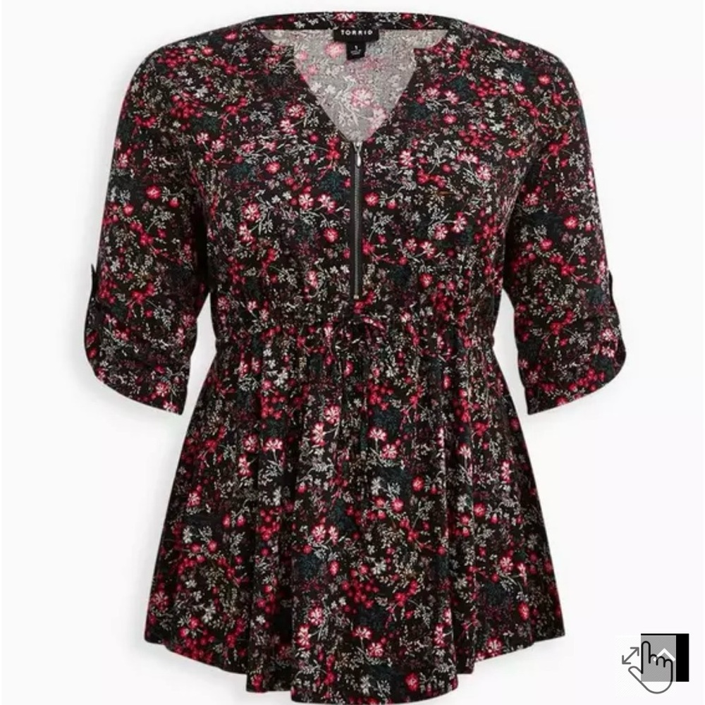 Torrid – Black Floral Zip Front Peasant Blouse (Size 1)